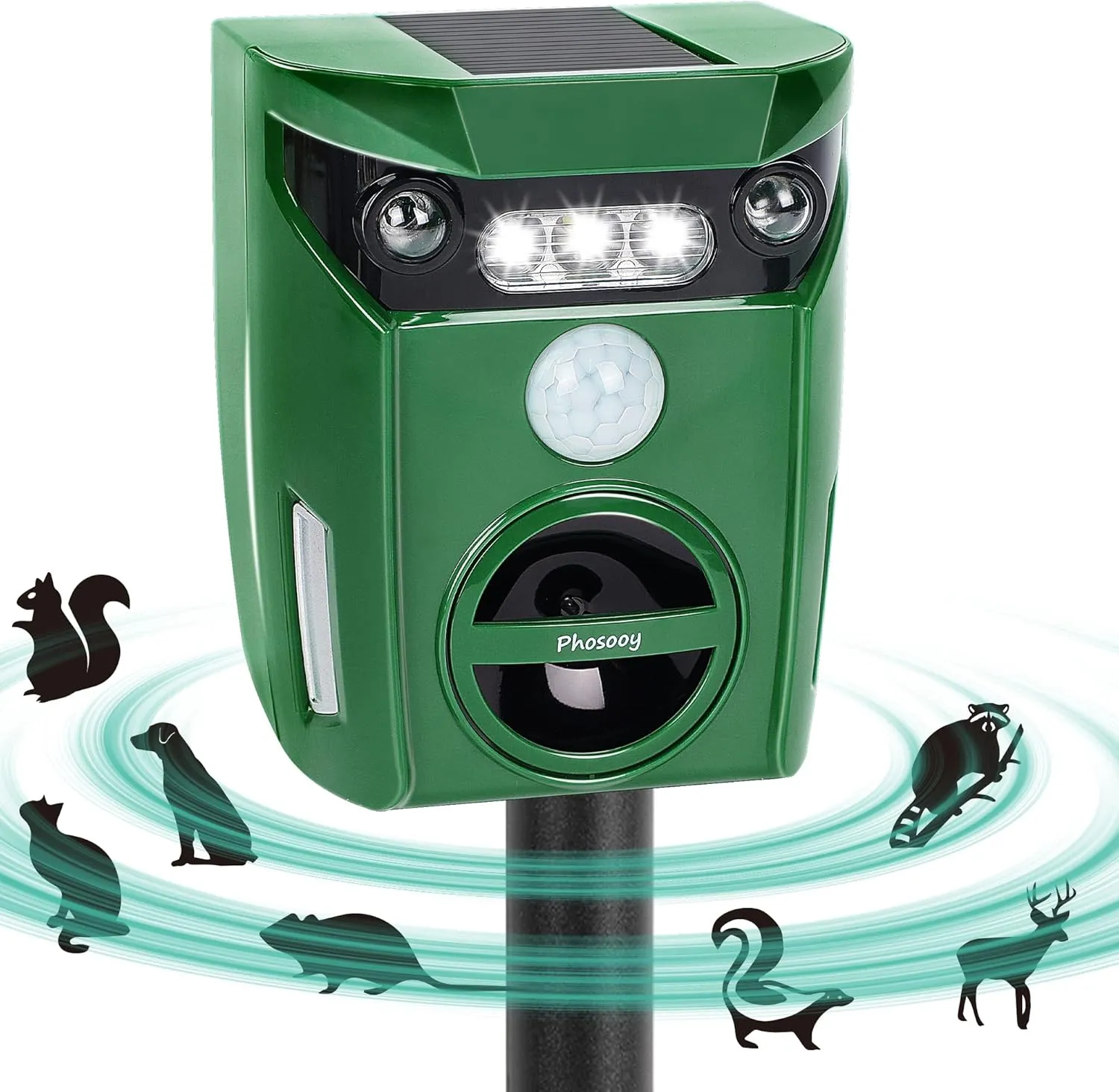 Ultrasonic Animal Repeller, Outdoor Waterproof Solar Animal Deterrent Repellent with Motion Sensor & LED Flashing Lights, Drive Away Cats, Squirrels, Rats, Skunks, Raccoons and Deer
