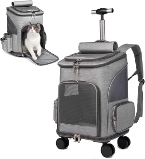 Wheeled Pet Carrier Backpack Pet Stroller, Travel Carrier, Car Seat for Small Dogs Cats Puppies, Comfort Cat Backpack Removable Rolling Wheels  Mesh Ventilation Windows (Grey)