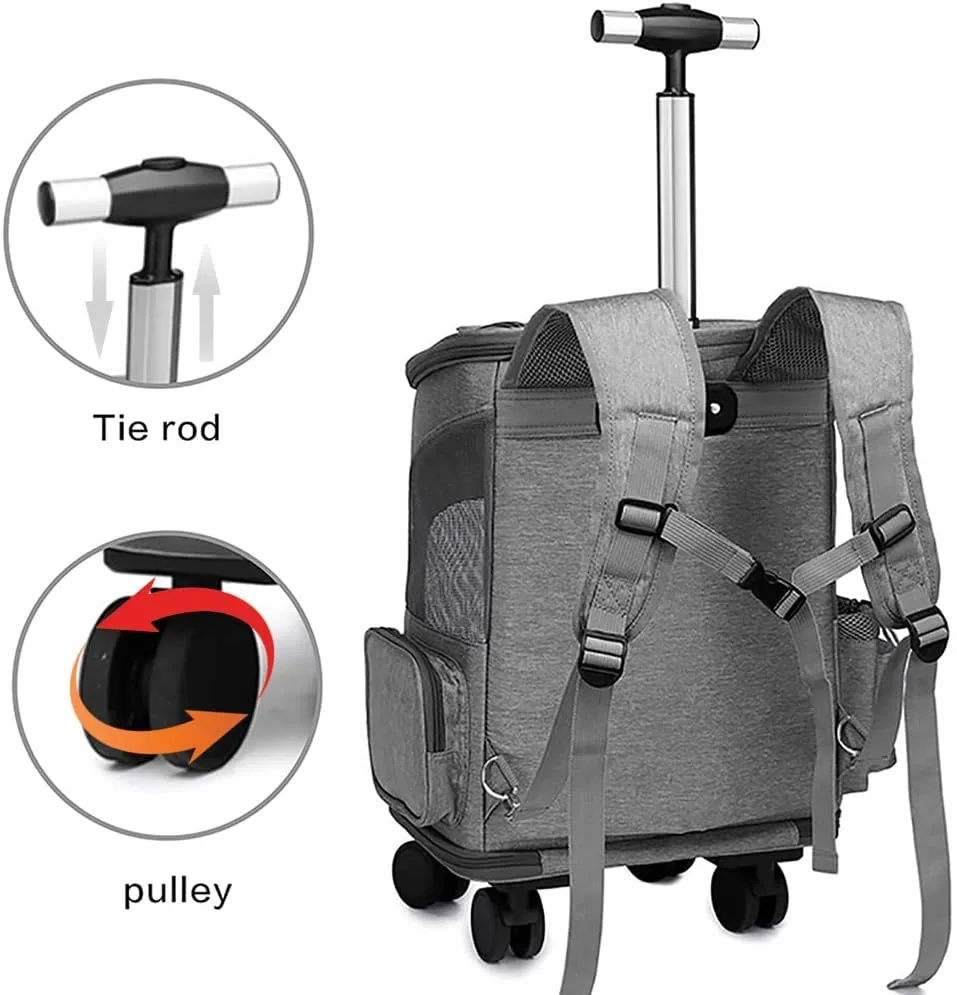 Wheeled Pet Carrier Backpack Pet Stroller, Travel Carrier, Car Seat for Small Dogs Cats Puppies, Comfort Cat Backpack Removable Rolling Wheels  Mesh Ventilation Windows (Grey)
