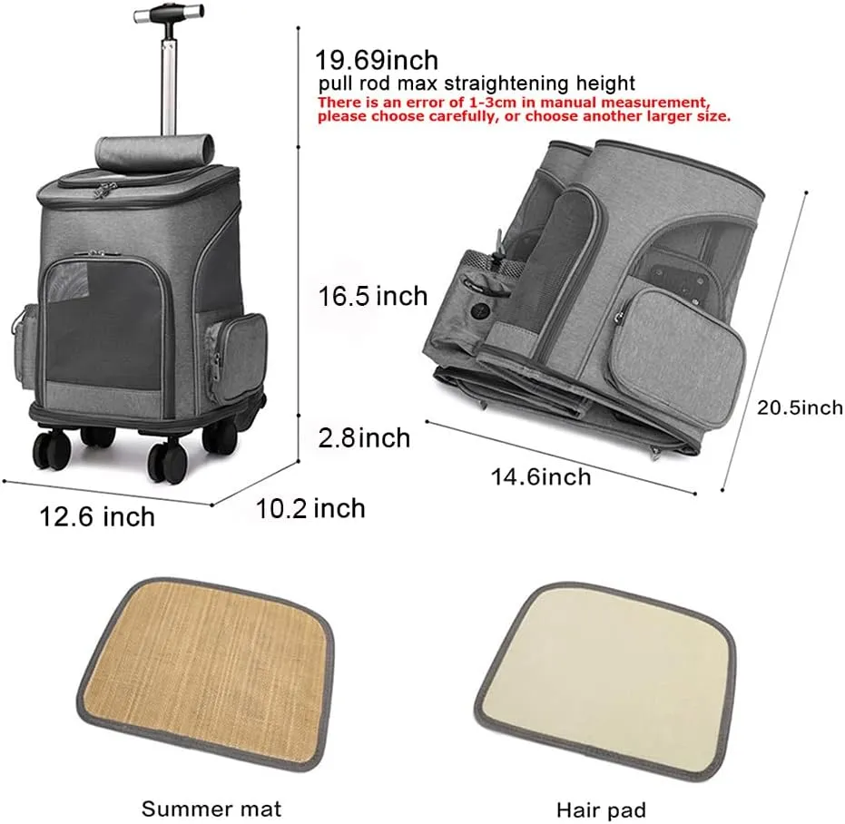 Wheeled Pet Carrier Backpack Pet Stroller, Travel Carrier, Car Seat for Small Dogs Cats Puppies, Comfort Cat Backpack Removable Rolling Wheels  Mesh Ventilation Windows (Grey)