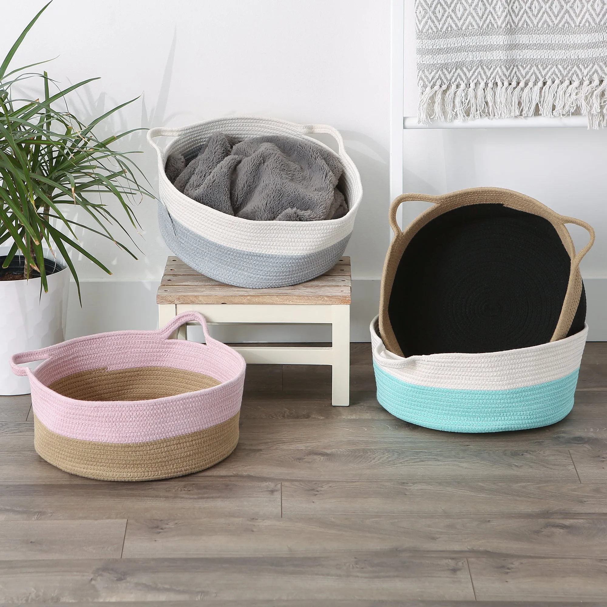 White & Aqua Cotton Rope Cat Ears Pet Basket