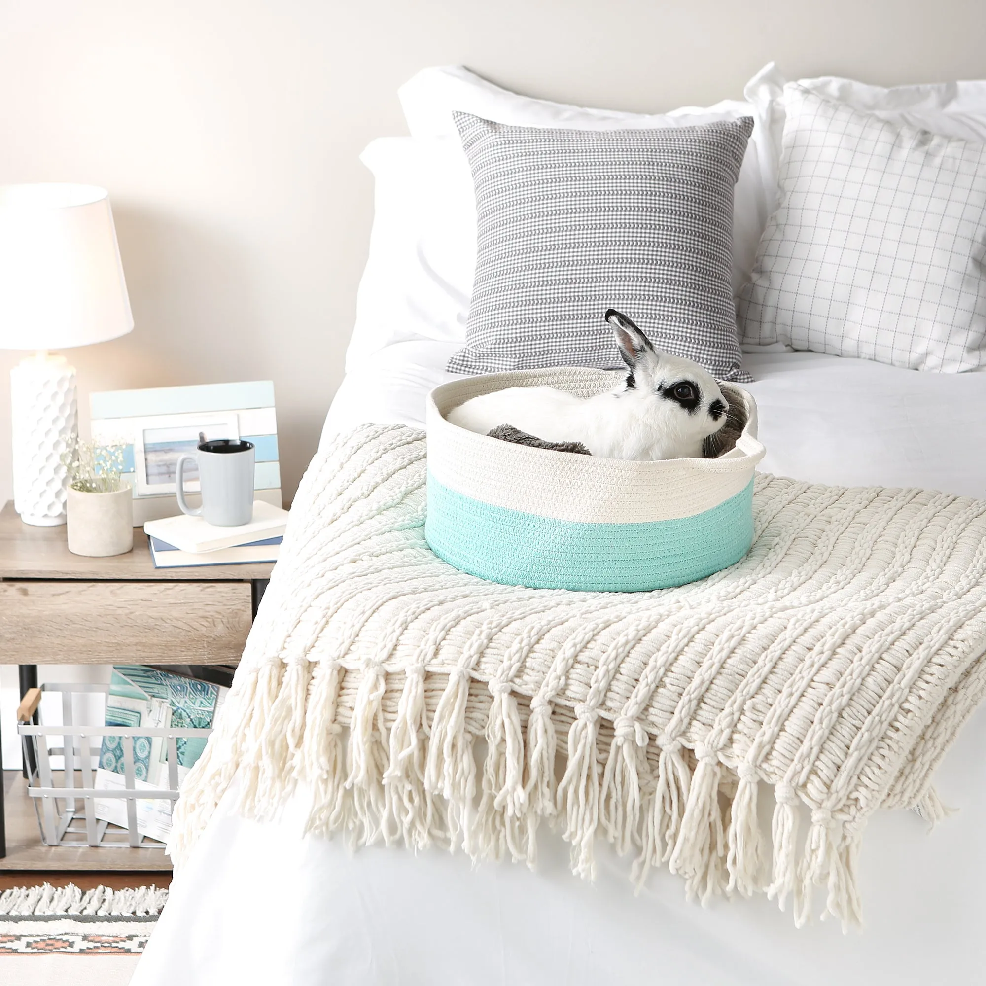 White & Aqua Cotton Rope Cat Ears Pet Basket