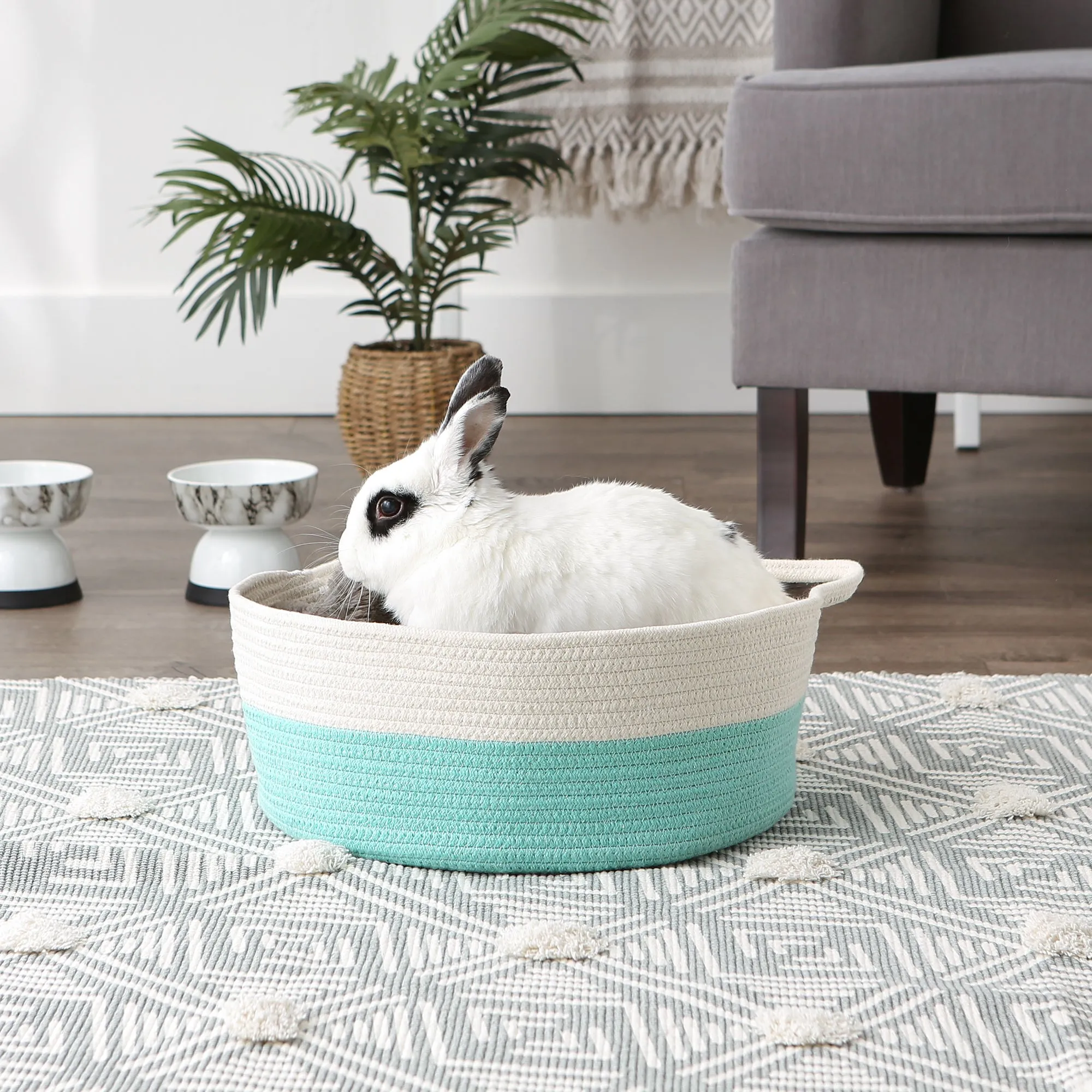 White & Aqua Cotton Rope Cat Ears Pet Basket