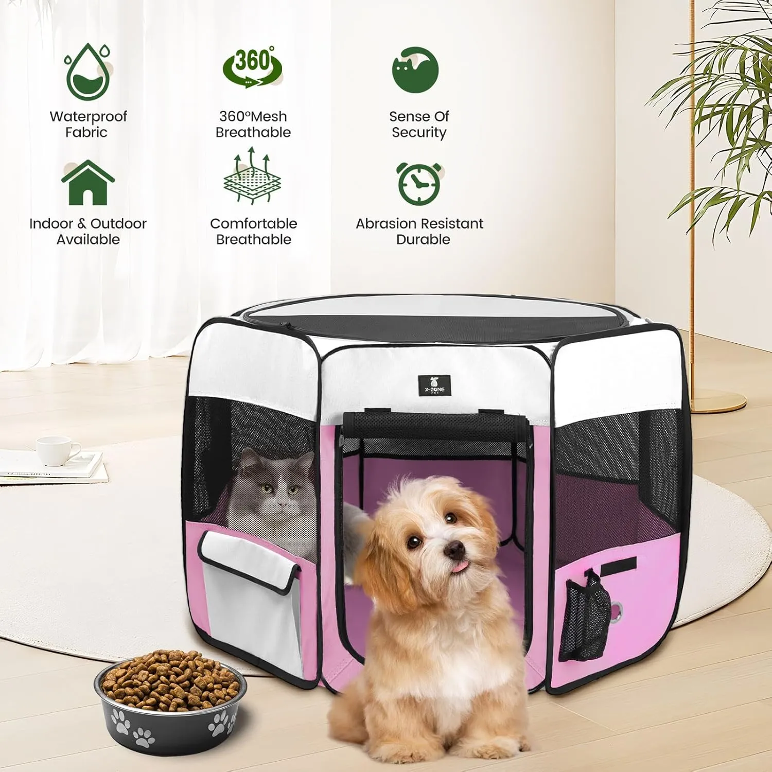 X-ZONE PET Portable Foldable Pet Dog Cat Playpen Crates Kennel/Premium 600D Oxford Cloth,Removable Zipper Top, Indoor and Outdoor Use (XL, Pink)