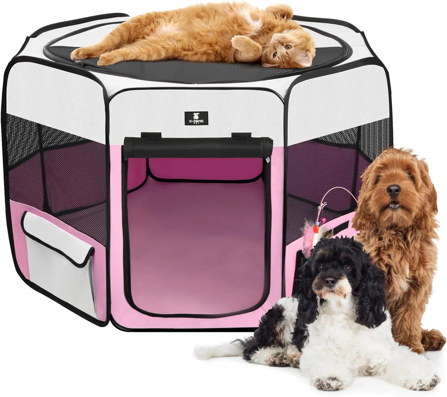 X-ZONE PET Portable Foldable Pet Dog Cat Playpen Crates Kennel/Premium 600D Oxford Cloth,Removable Zipper Top, Indoor and Outdoor Use (XL, Pink)