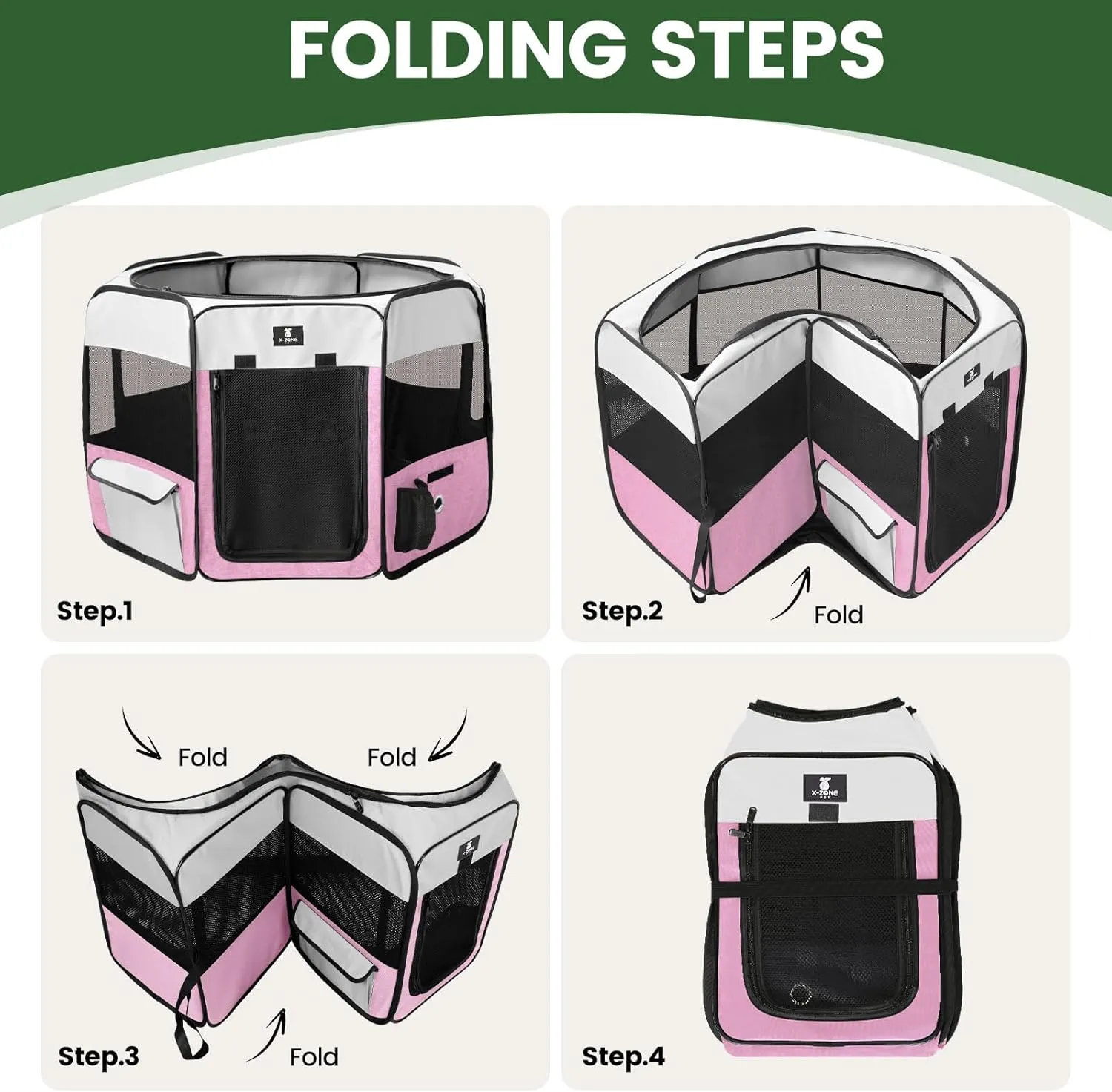 X-ZONE PET Portable Foldable Pet Dog Cat Playpen Crates Kennel/Premium 600D Oxford Cloth,Removable Zipper Top, Indoor and Outdoor Use (XL, Pink)